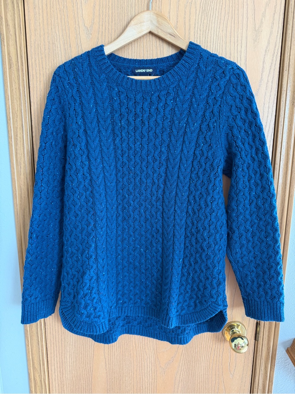 Land’s End Blue Wool Cotton Chunky Fisherman’s Cable Knit Sweater Women’s Size M